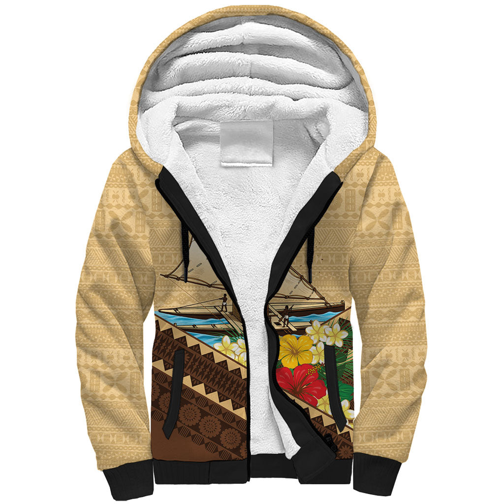 Personalised Bula Vinaka Fiji Drua Sherpa Hoodie Fijian Traditional Canoe Tapa Cloth Beige LT14 Unisex Beige - Polynesian Pride