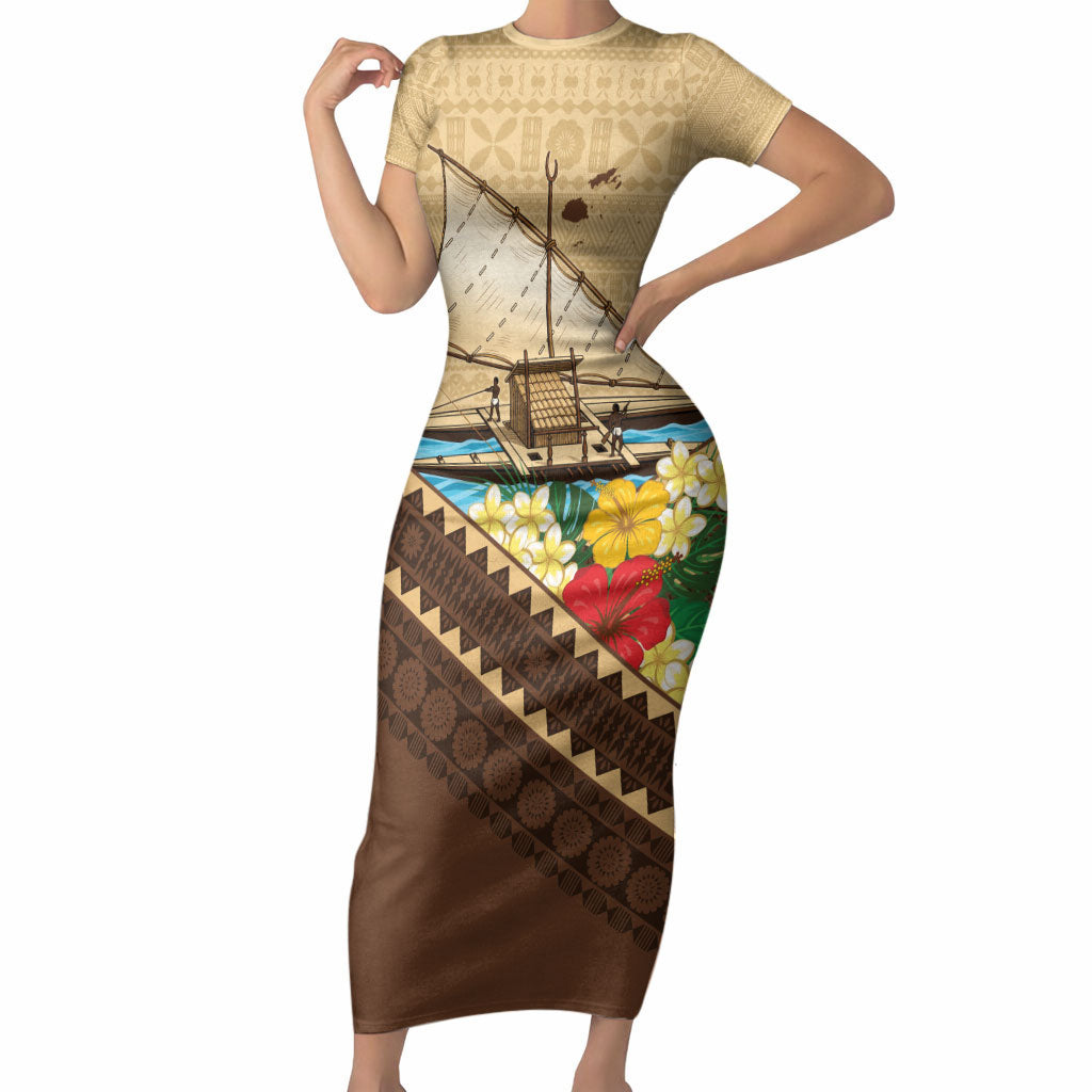 Personalised Bula Vinaka Fiji Drua Short Sleeve Bodycon Dress Fijian Traditional Canoe Tapa Cloth Beige