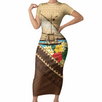 Personalised Bula Vinaka Fiji Drua Short Sleeve Bodycon Dress Fijian Traditional Canoe Tapa Cloth Beige LT14 Long Dress Beige - Polynesian Pride
