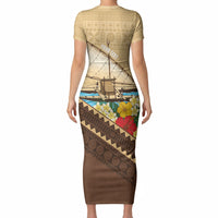 Personalised Bula Vinaka Fiji Drua Short Sleeve Bodycon Dress Fijian Traditional Canoe Tapa Cloth Beige LT14 - Polynesian Pride