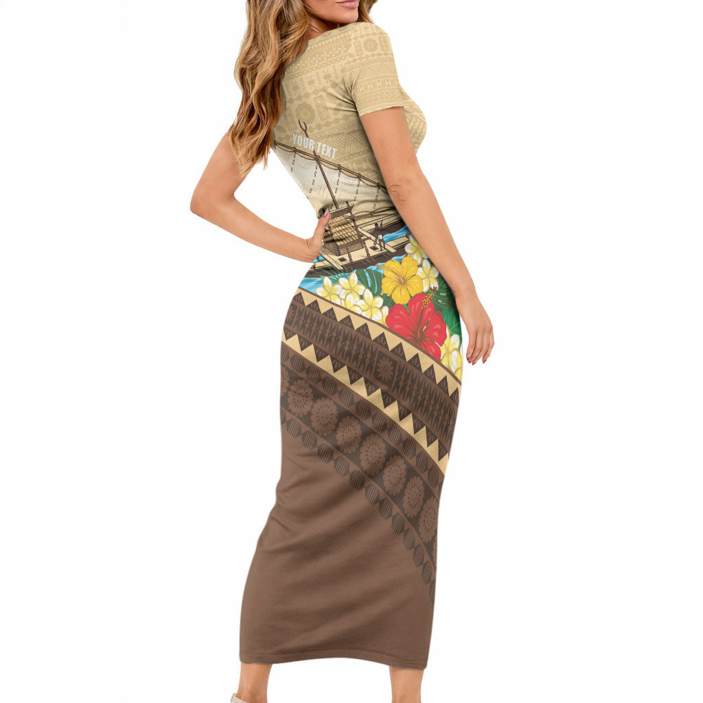 Personalised Bula Vinaka Fiji Drua Short Sleeve Bodycon Dress Fijian Traditional Canoe Tapa Cloth Beige LT14 - Polynesian Pride