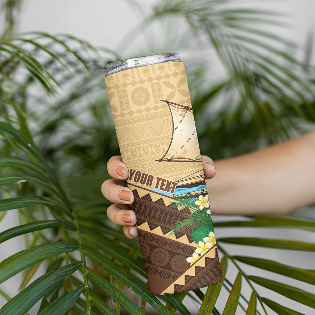 Personalised Bula Vinaka Fiji Drua Skinny Tumbler Fijian Traditional Canoe Tapa Cloth Beige LT14 - Polynesian Pride