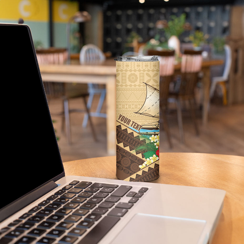 Personalised Bula Vinaka Fiji Drua Skinny Tumbler Fijian Traditional Canoe Tapa Cloth Beige LT14 - Polynesian Pride