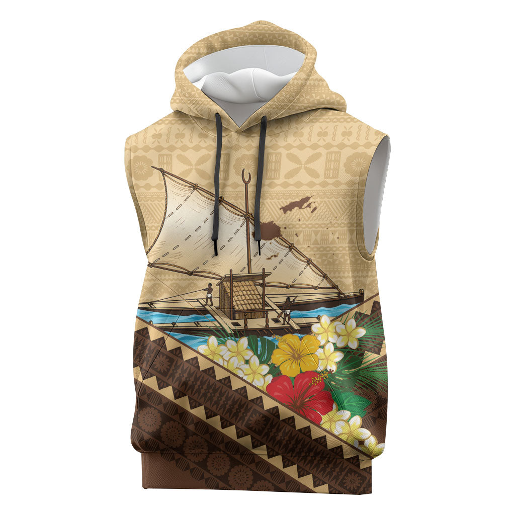 Personalised Bula Vinaka Fiji Drua Sleeveless Hoodie Fijian Traditional Canoe Tapa Cloth Beige LT14 Beige - Polynesian Pride