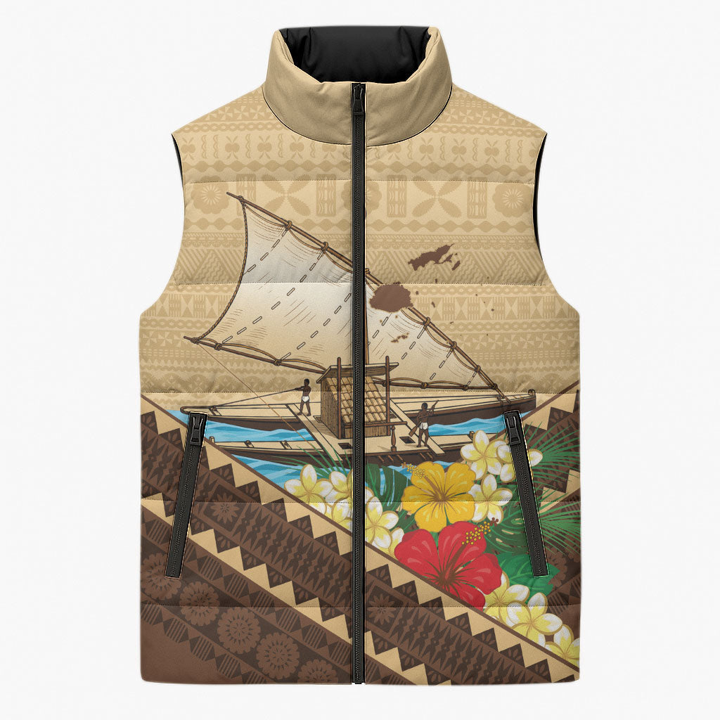 Personalised Bula Vinaka Fiji Drua Sleeveless Puffer Jacket Fijian Traditional Canoe Tapa Cloth Beige LT14 Unisex Beige - Polynesian Pride