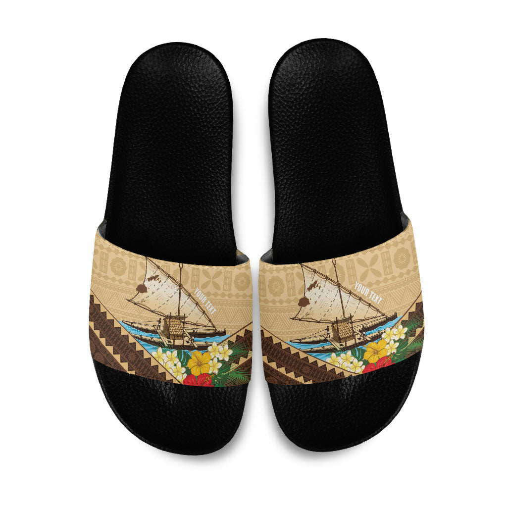 Personalised Bula Vinaka Fiji Drua Slide Sandals Fijian Traditional Canoe Tapa Cloth Beige LT14 Beige - Polynesian Pride