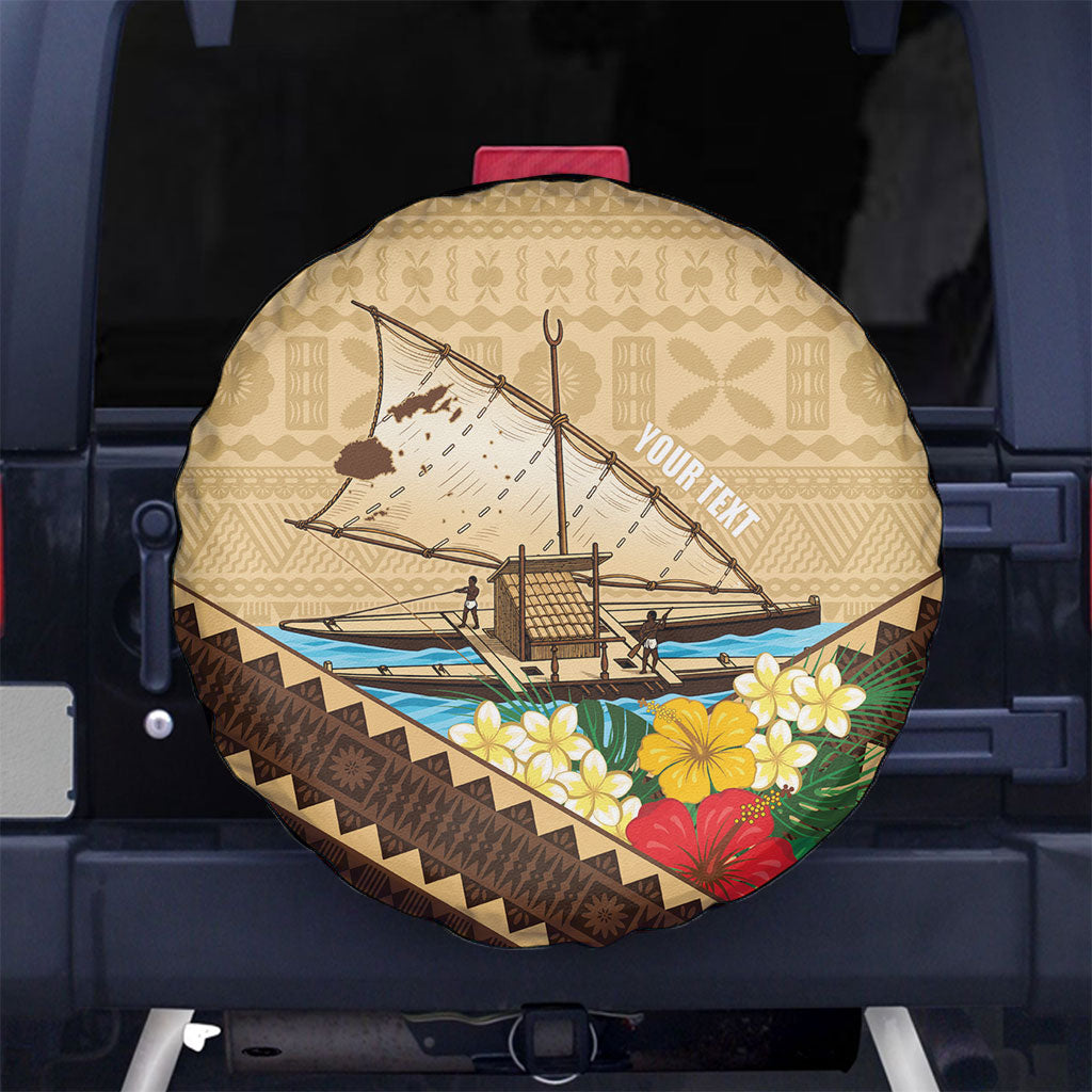 Personalised Bula Vinaka Fiji Drua Spare Tire Cover Fijian Traditional Canoe Tapa Cloth Beige