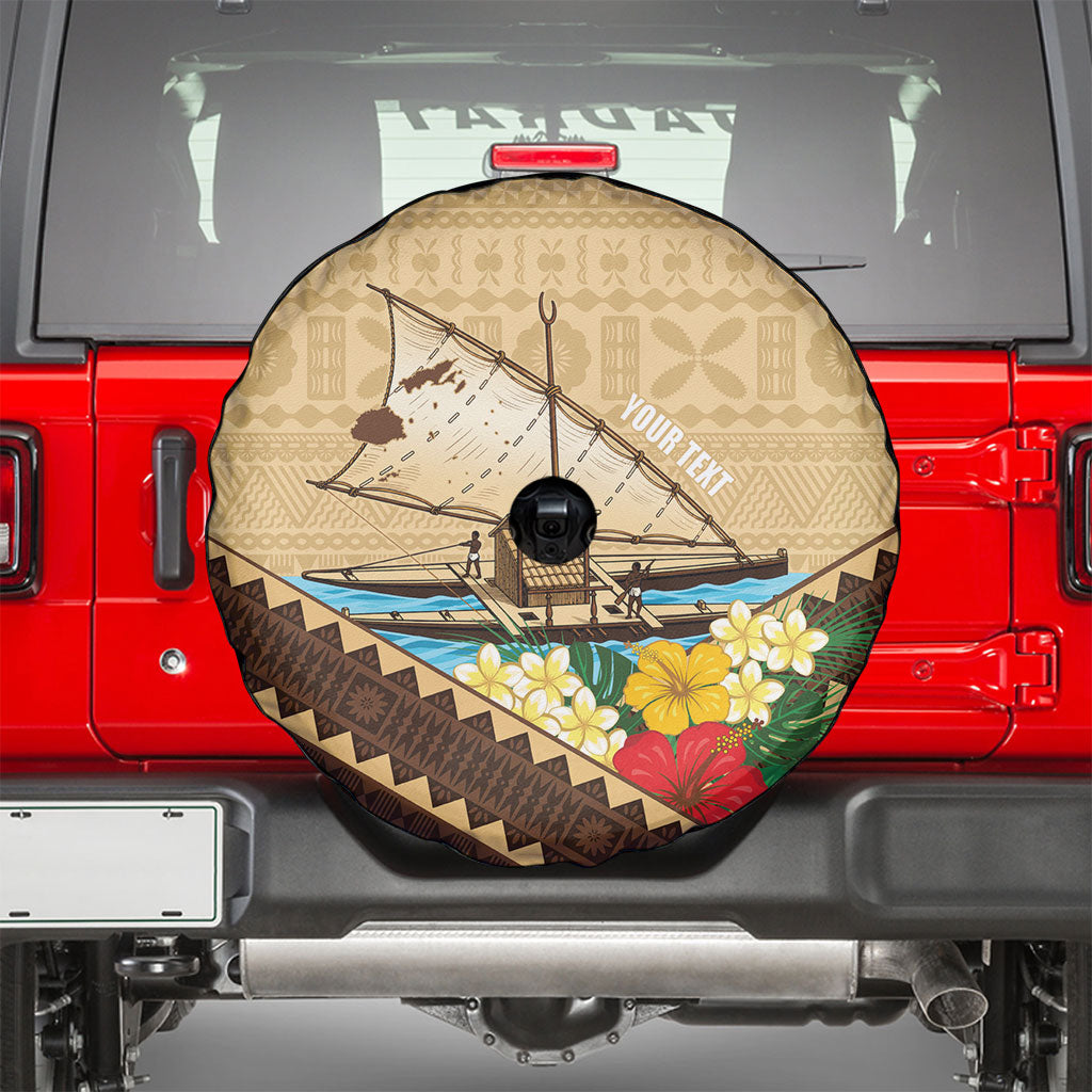 Personalised Bula Vinaka Fiji Drua Spare Tire Cover Fijian Traditional Canoe Tapa Cloth Beige LT14 - Polynesian Pride