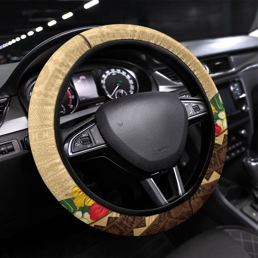 Bula Vinaka Fiji Drua Steering Wheel Cover Fijian Traditional Canoe Tapa Cloth Beige LT14 Universal Fit Beige - Polynesian Pride