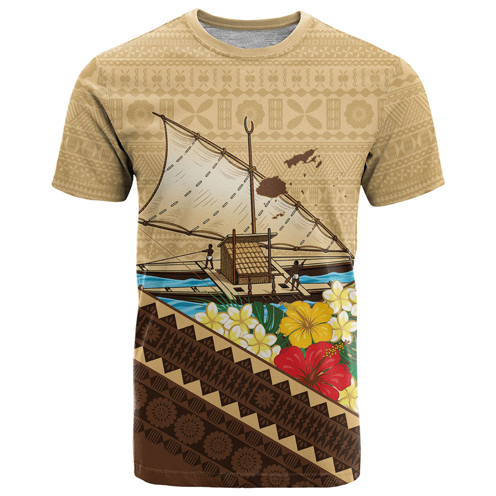 Personalised Bula Vinaka Fiji Drua T Shirt Fijian Traditional Canoe Tapa Cloth Beige LT14 Beige - Polynesian Pride