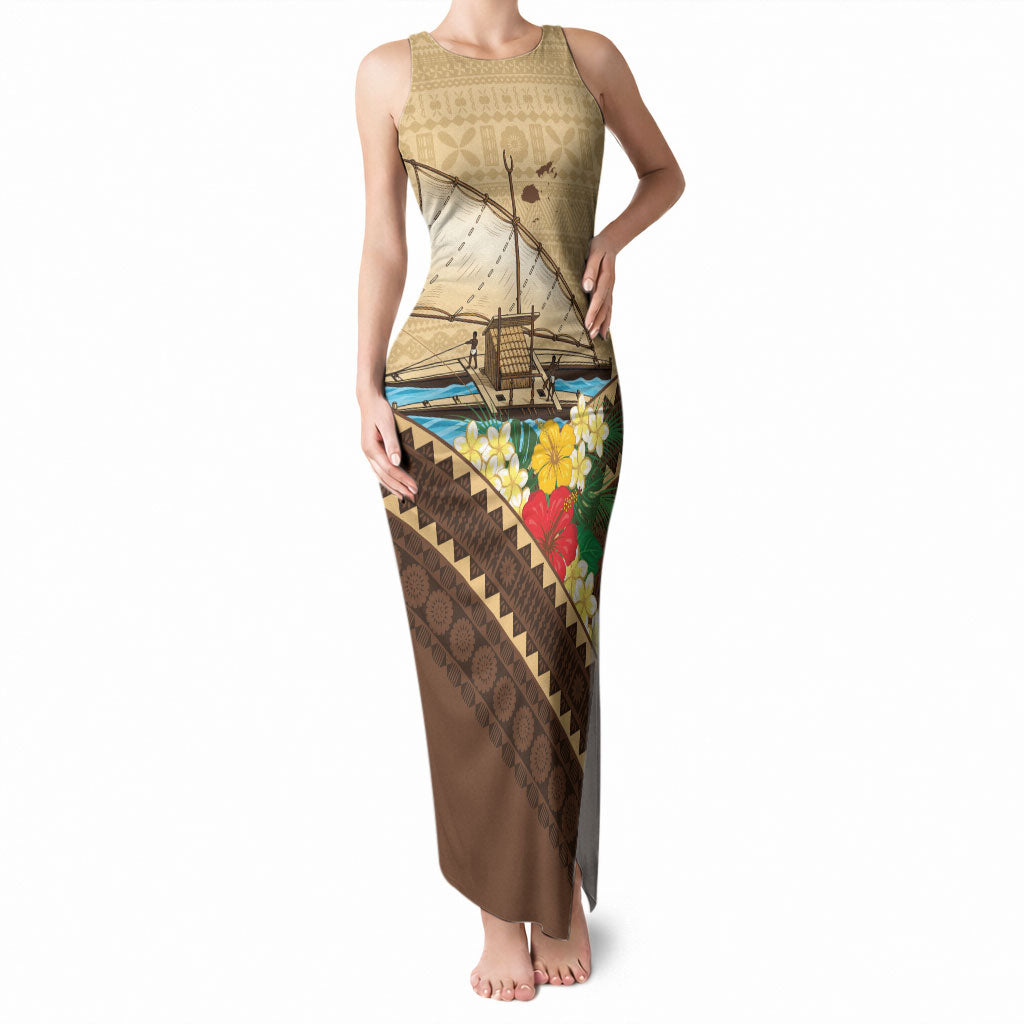 Personalised Bula Vinaka Fiji Drua Tank Maxi Dress Fijian Traditional Canoe Tapa Cloth Beige