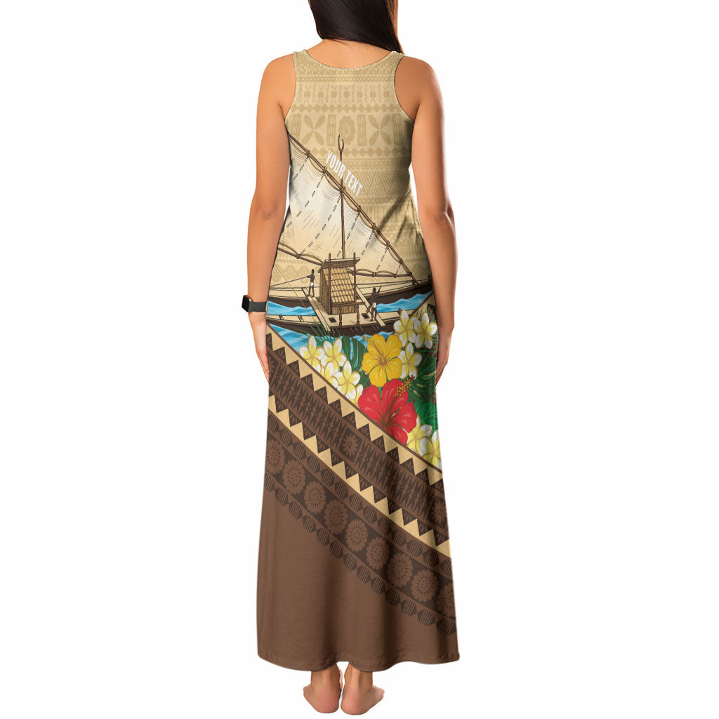 Personalised Bula Vinaka Fiji Drua Tank Maxi Dress Fijian Traditional Canoe Tapa Cloth Beige LT14 - Polynesian Pride