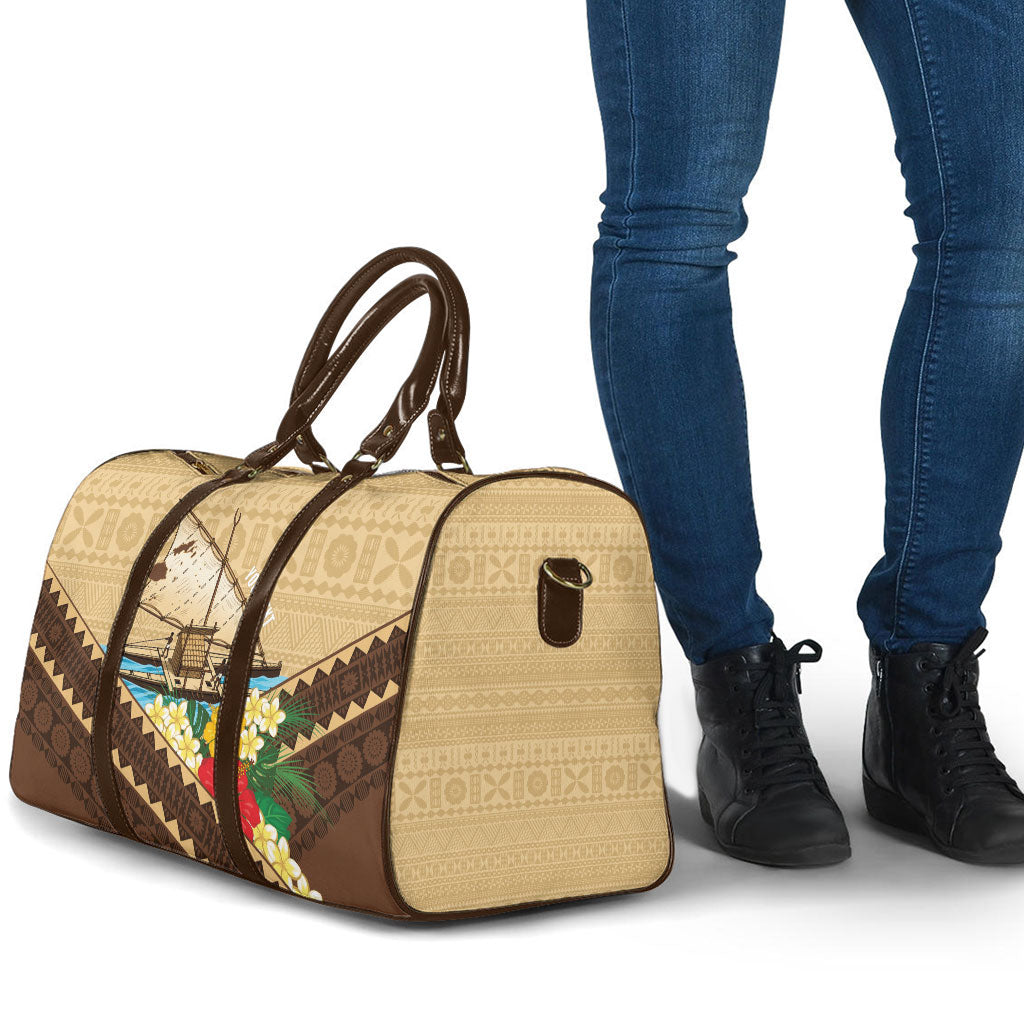 Personalised Bula Vinaka Fiji Drua Travel Bag Fijian Traditional Canoe Tapa Cloth Beige LT14 - Polynesian Pride
