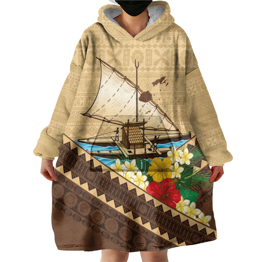 Personalised Bula Vinaka Fiji Drua Wearable Blanket Hoodie Fijian Traditional Canoe Tapa Cloth Beige LT14 - Polynesian Pride