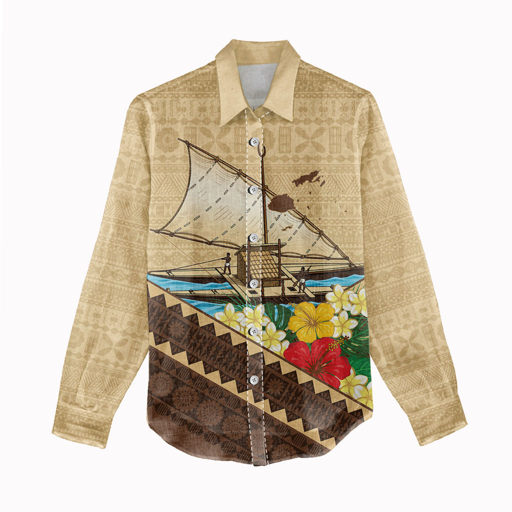 Personalised Bula Vinaka Fiji Drua Women Casual Shirt Fijian Traditional Canoe Tapa Cloth Beige LT14 - Polynesian Pride