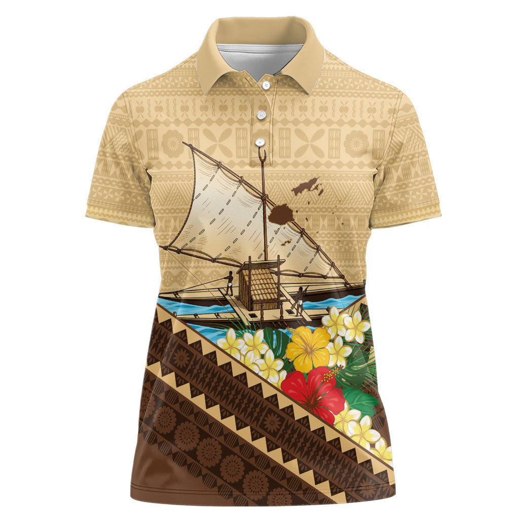 Personalised Bula Vinaka Fiji Drua Women Polo Shirt Fijian Traditional Canoe Tapa Cloth Beige LT14 Female Beige - Polynesian Pride