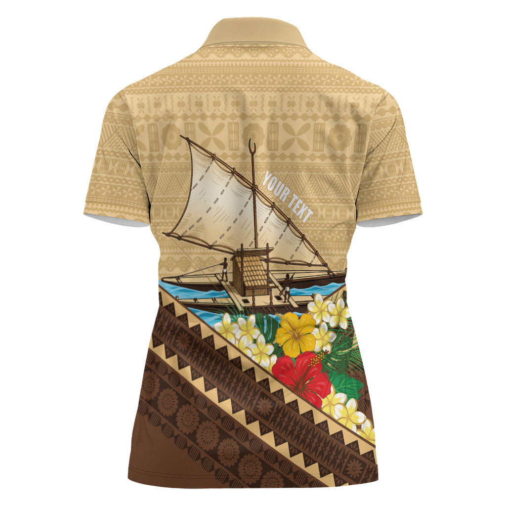 Personalised Bula Vinaka Fiji Drua Women Polo Shirt Fijian Traditional Canoe Tapa Cloth Beige LT14 - Polynesian Pride