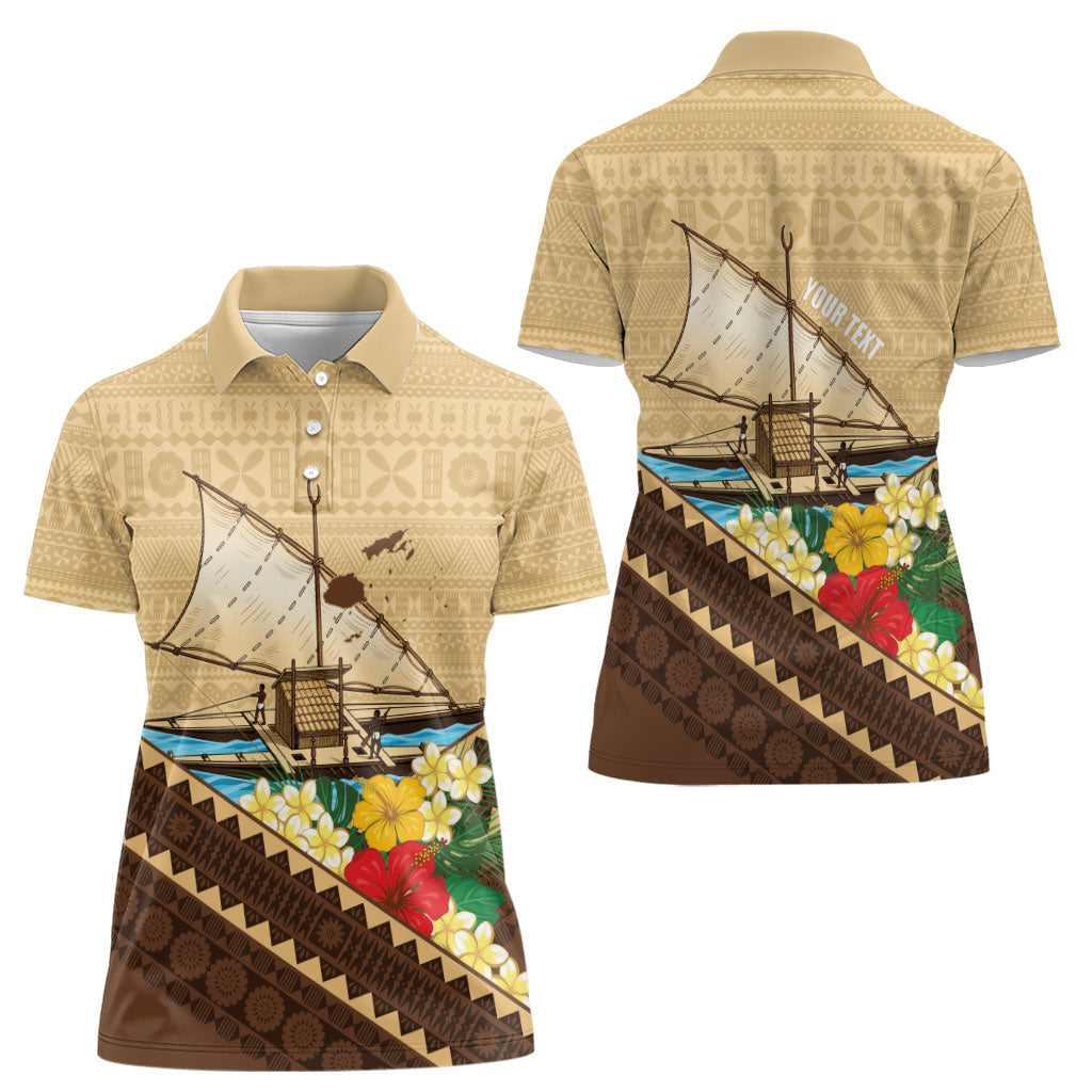 Personalised Bula Vinaka Fiji Drua Women Polo Shirt Fijian Traditional Canoe Tapa Cloth Beige LT14 - Polynesian Pride