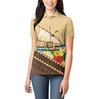 Personalised Bula Vinaka Fiji Drua Women Polo Shirt Fijian Traditional Canoe Tapa Cloth Beige LT14 - Polynesian Pride