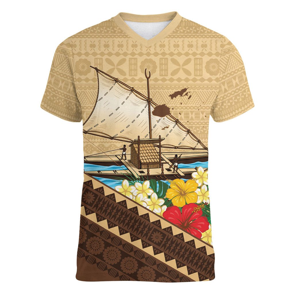 Personalised Bula Vinaka Fiji Drua Women V-Neck T-Shirt Fijian Traditional Canoe Tapa Cloth Beige LT14 Female Beige - Polynesian Pride