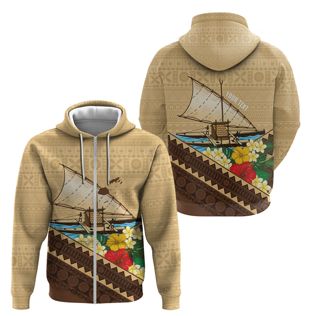 Personalised Bula Vinaka Fiji Drua Zip Hoodie Fijian Traditional Canoe Tapa Cloth Beige LT14 - Polynesian Pride