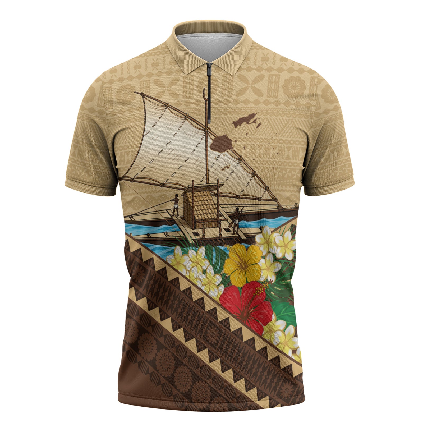 Personalised Bula Vinaka Fiji Drua Zipper Polo Shirt Fijian Traditional Canoe Tapa Cloth Beige