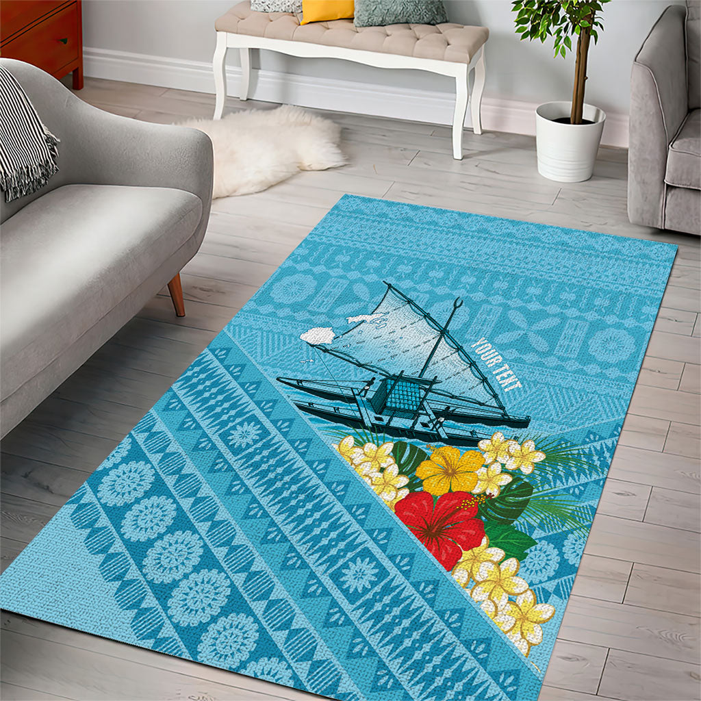 Personalised Bula Vinaka Fiji Drua Area Rug Fijian Traditional Canoe Tapa Cloth Blue LT14 - Polynesian Pride