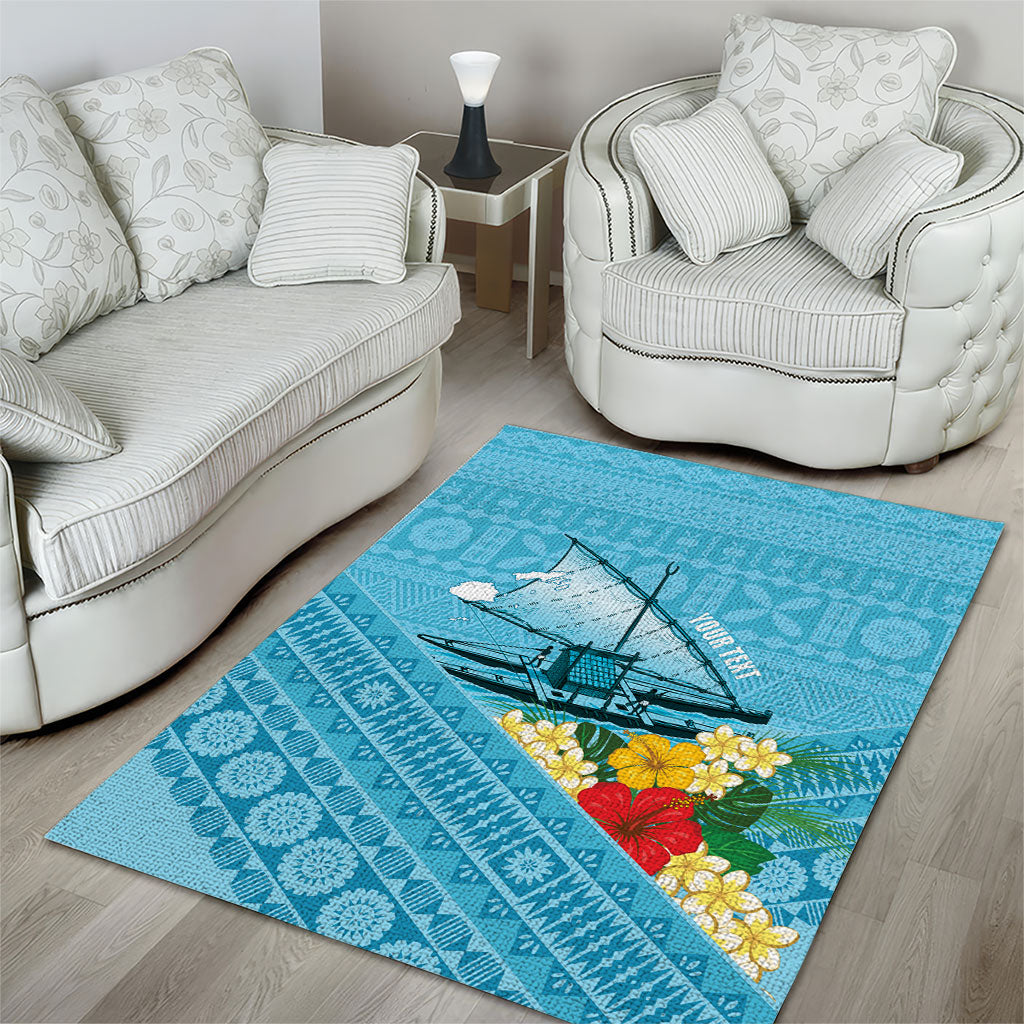 Personalised Bula Vinaka Fiji Drua Area Rug Fijian Traditional Canoe Tapa Cloth Blue LT14 - Polynesian Pride