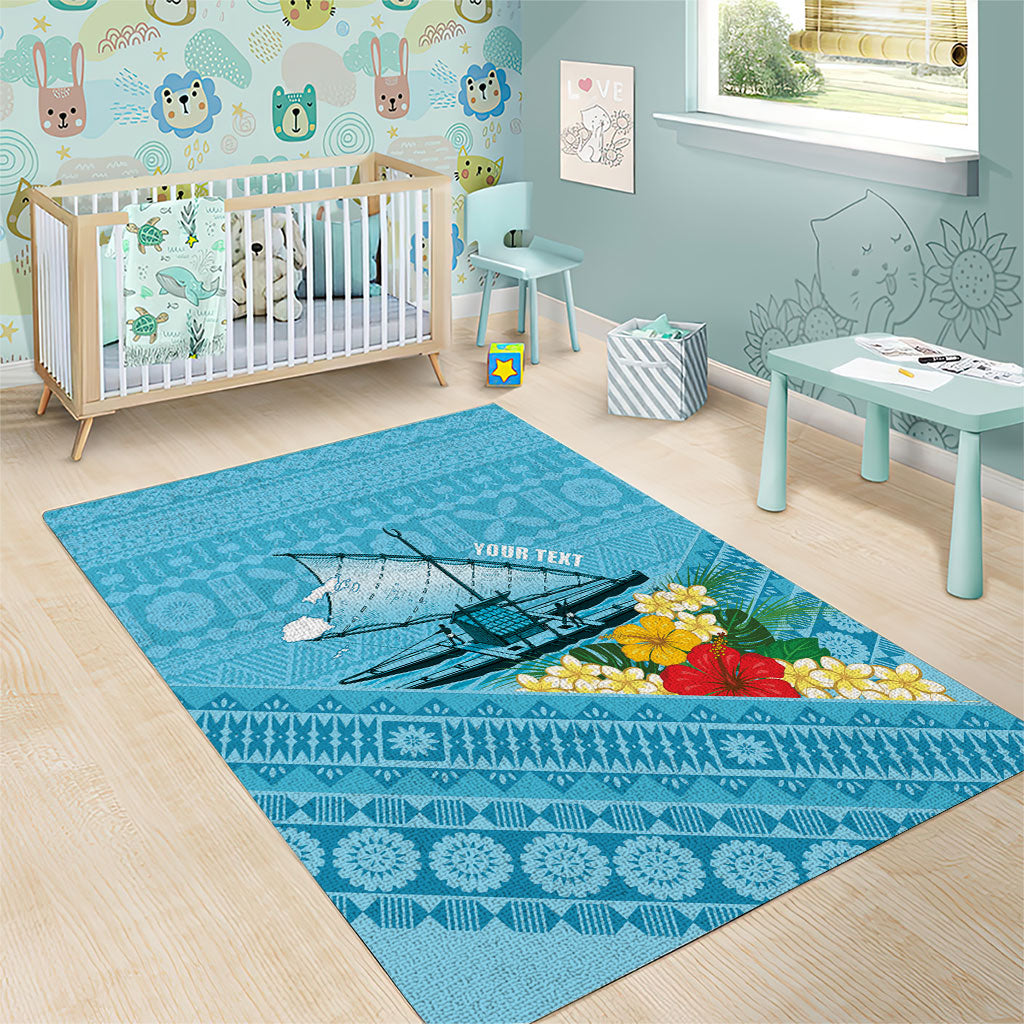 Personalised Bula Vinaka Fiji Drua Area Rug Fijian Traditional Canoe Tapa Cloth Blue LT14 - Polynesian Pride