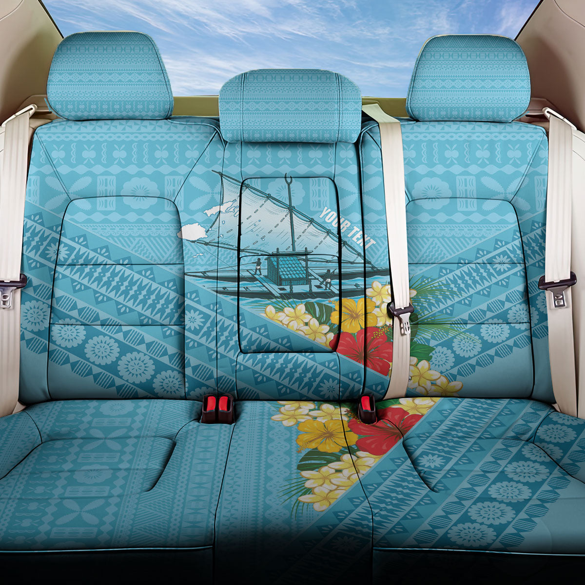 Personalised Bula Vinaka Fiji Drua Back Car Seat Cover Fijian Traditional Canoe Tapa Cloth Blue LT14 One Size Blue - Polynesian Pride