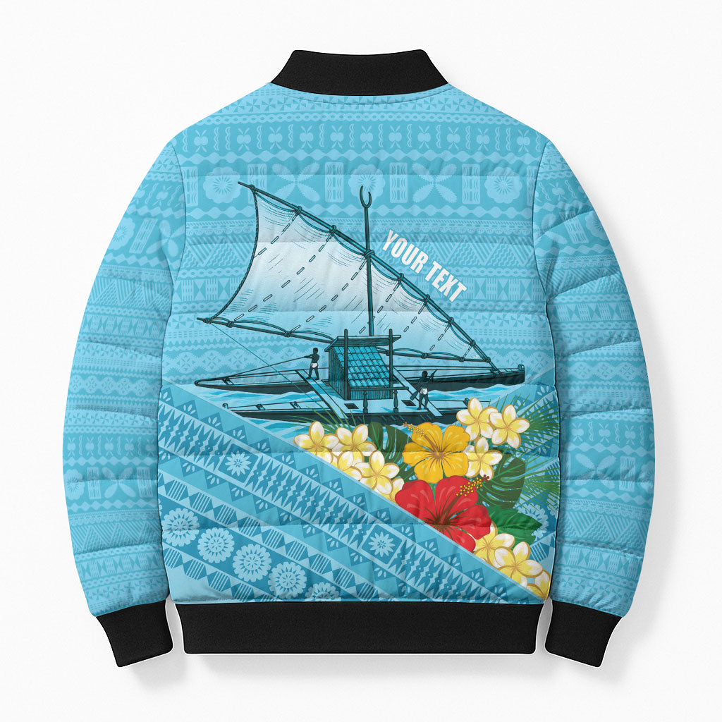 Personalised Bula Vinaka Fiji Drua Bomber Puffer Jacket Fijian Traditional Canoe Tapa Cloth Blue LT14 - Polynesian Pride