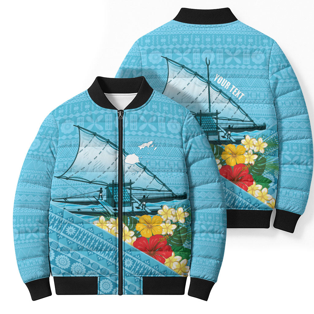 Personalised Bula Vinaka Fiji Drua Bomber Puffer Jacket Fijian Traditional Canoe Tapa Cloth Blue LT14 - Polynesian Pride