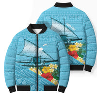 Personalised Bula Vinaka Fiji Drua Bomber Puffer Jacket Fijian Traditional Canoe Tapa Cloth Blue LT14 - Polynesian Pride
