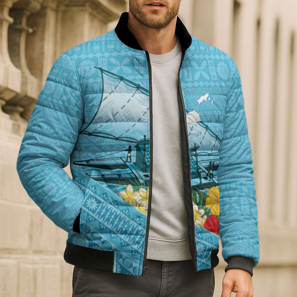 Personalised Bula Vinaka Fiji Drua Bomber Puffer Jacket Fijian Traditional Canoe Tapa Cloth Blue LT14 - Polynesian Pride