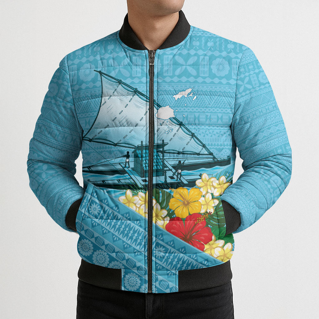 Personalised Bula Vinaka Fiji Drua Bomber Puffer Jacket Fijian Traditional Canoe Tapa Cloth Blue LT14 - Polynesian Pride