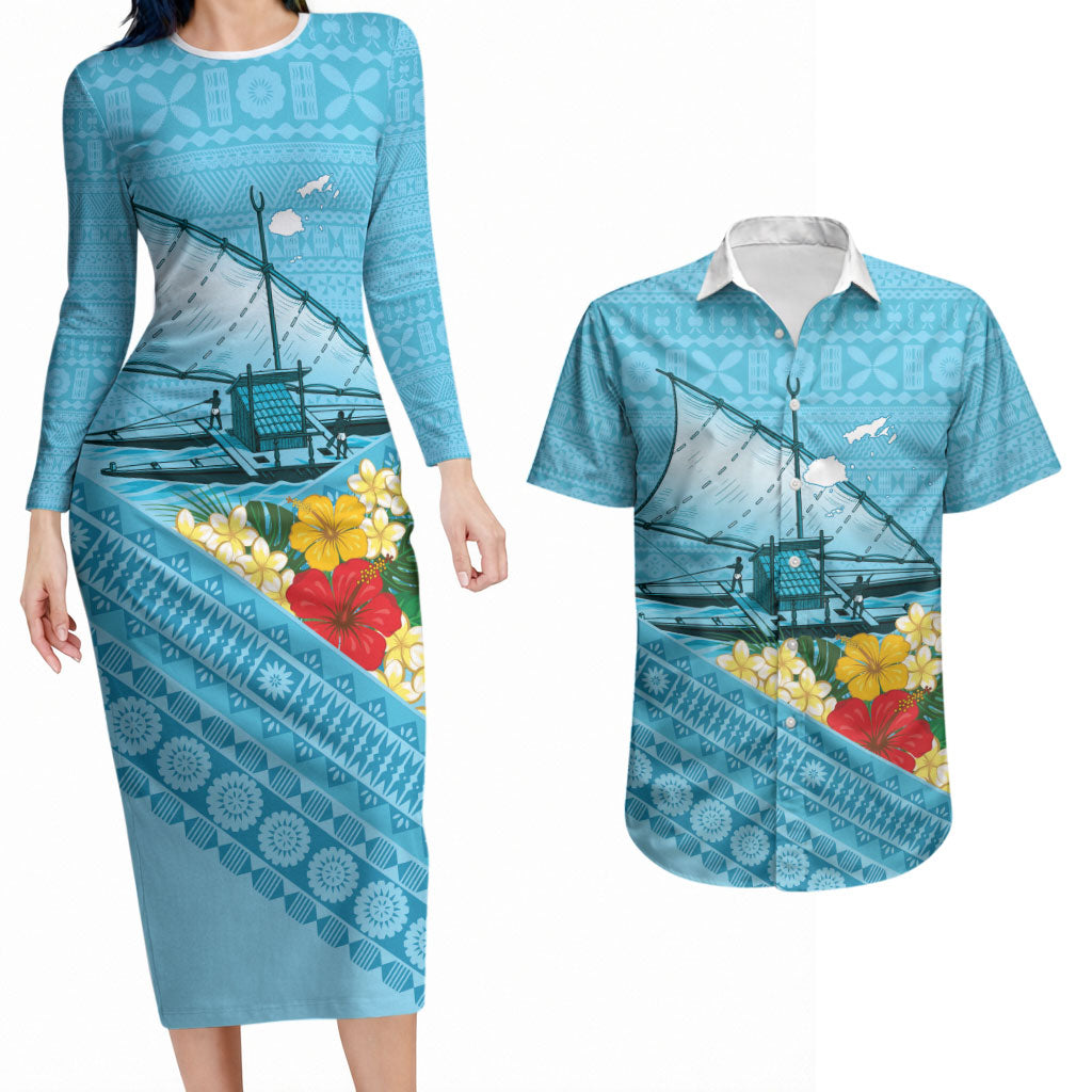 Personalised Bula Vinaka Fiji Drua Couples Matching Long Sleeve Bodycon Dress and Hawaiian Shirt Fijian Traditional Canoe Tapa Cloth Blue LT14 Blue - Polynesian Pride