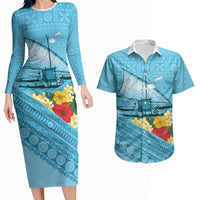 Personalised Bula Vinaka Fiji Drua Couples Matching Long Sleeve Bodycon Dress and Hawaiian Shirt Fijian Traditional Canoe Tapa Cloth Blue LT14 Blue - Polynesian Pride