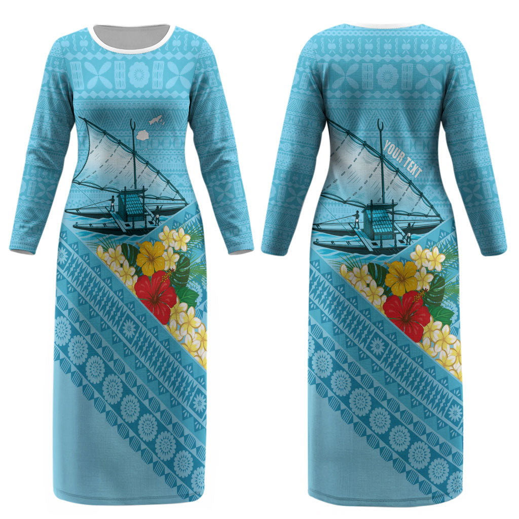 Personalised Bula Vinaka Fiji Drua Couples Matching Long Sleeve Bodycon Dress and Hawaiian Shirt Fijian Traditional Canoe Tapa Cloth Blue LT14 - Polynesian Pride