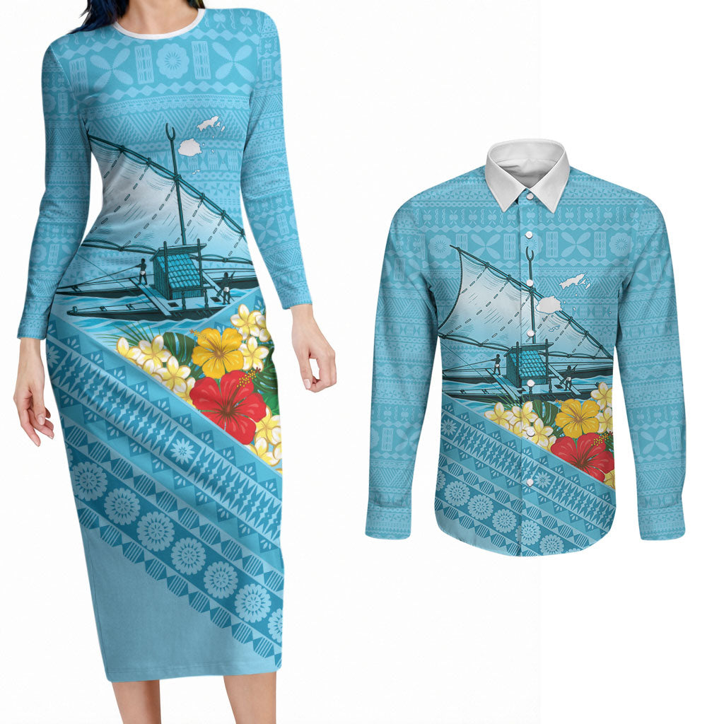 Personalised Bula Vinaka Fiji Drua Couples Matching Long Sleeve Bodycon Dress and Long Sleeve Button Shirt Fijian Traditional Canoe Tapa Cloth Blue