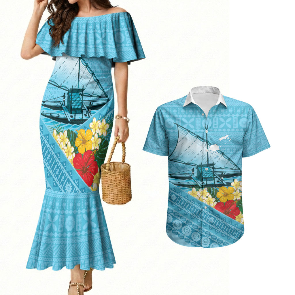 Personalised Bula Vinaka Fiji Drua Couples Matching Mermaid Dress and Hawaiian Shirt Fijian Traditional Canoe Tapa Cloth Blue