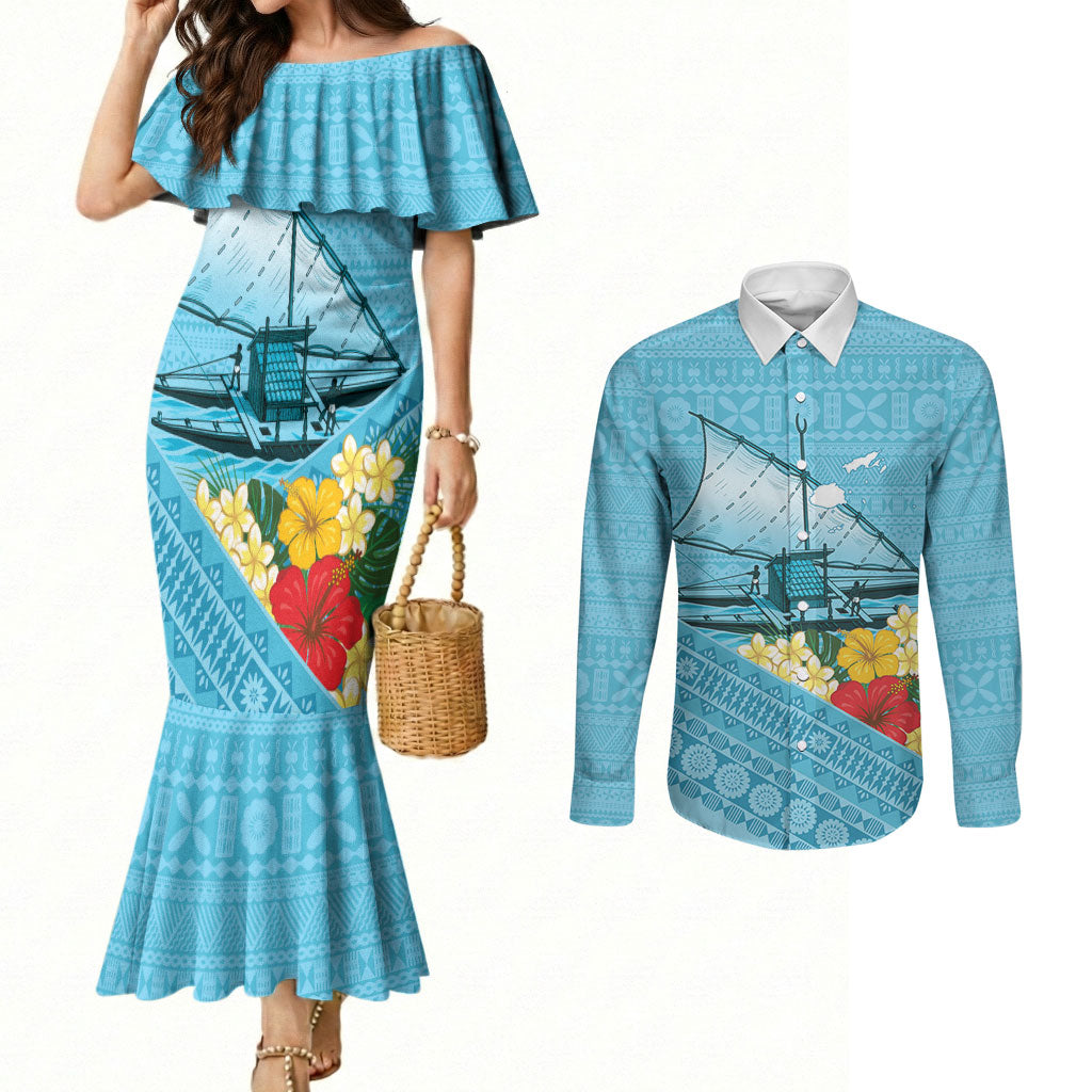 Personalised Bula Vinaka Fiji Drua Couples Matching Mermaid Dress and Long Sleeve Button Shirt Fijian Traditional Canoe Tapa Cloth Blue