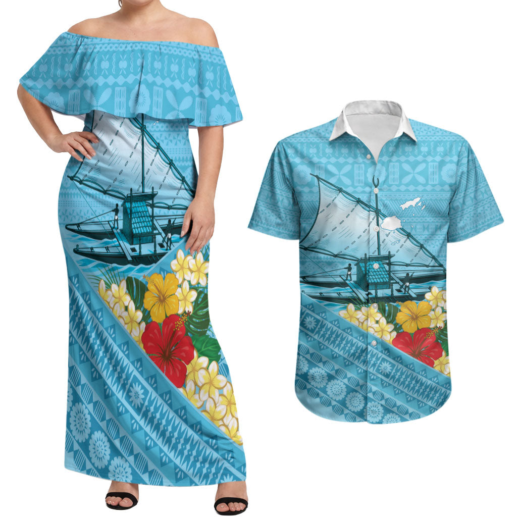 Personalised Bula Vinaka Fiji Drua Couples Matching Off Shoulder Maxi Dress and Hawaiian Shirt Fijian Traditional Canoe Tapa Cloth Blue LT14 Blue - Polynesian Pride