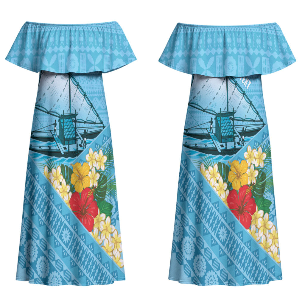 Personalised Bula Vinaka Fiji Drua Couples Matching Off Shoulder Maxi Dress and Long Sleeve Button Shirt Fijian Traditional Canoe Tapa Cloth Blue LT14 - Polynesian Pride