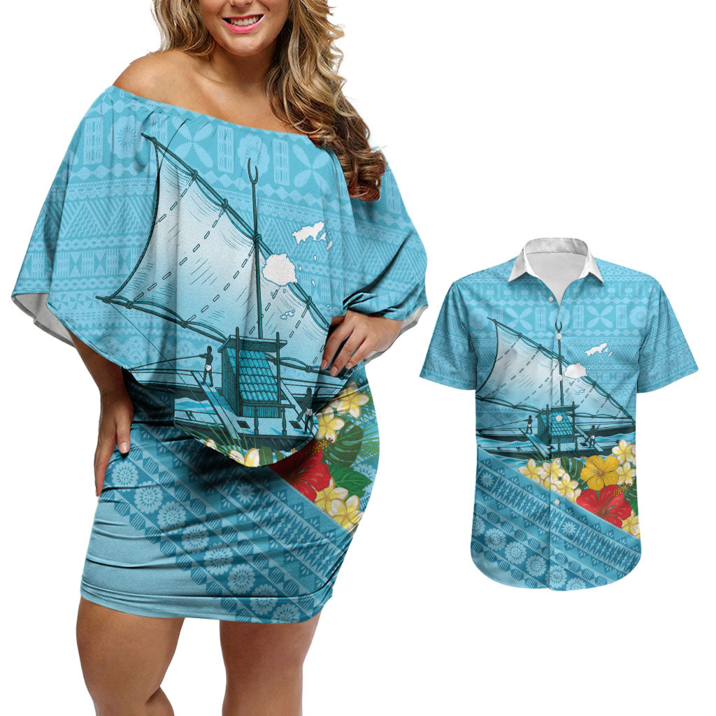 Personalised Bula Vinaka Fiji Drua Couples Matching Off Shoulder Short Dress and Hawaiian Shirt Fijian Traditional Canoe Tapa Cloth Blue