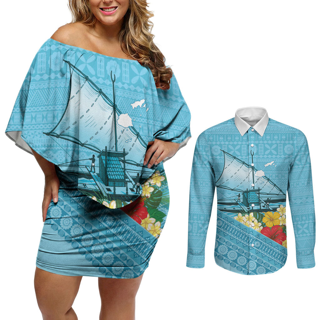 Personalised Bula Vinaka Fiji Drua Couples Matching Off Shoulder Short Dress and Long Sleeve Button Shirt Fijian Traditional Canoe Tapa Cloth Blue