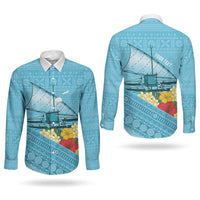 Personalised Bula Vinaka Fiji Drua Couples Matching Off Shoulder Short Dress and Long Sleeve Button Shirt Fijian Traditional Canoe Tapa Cloth Blue LT14 - Polynesian Pride