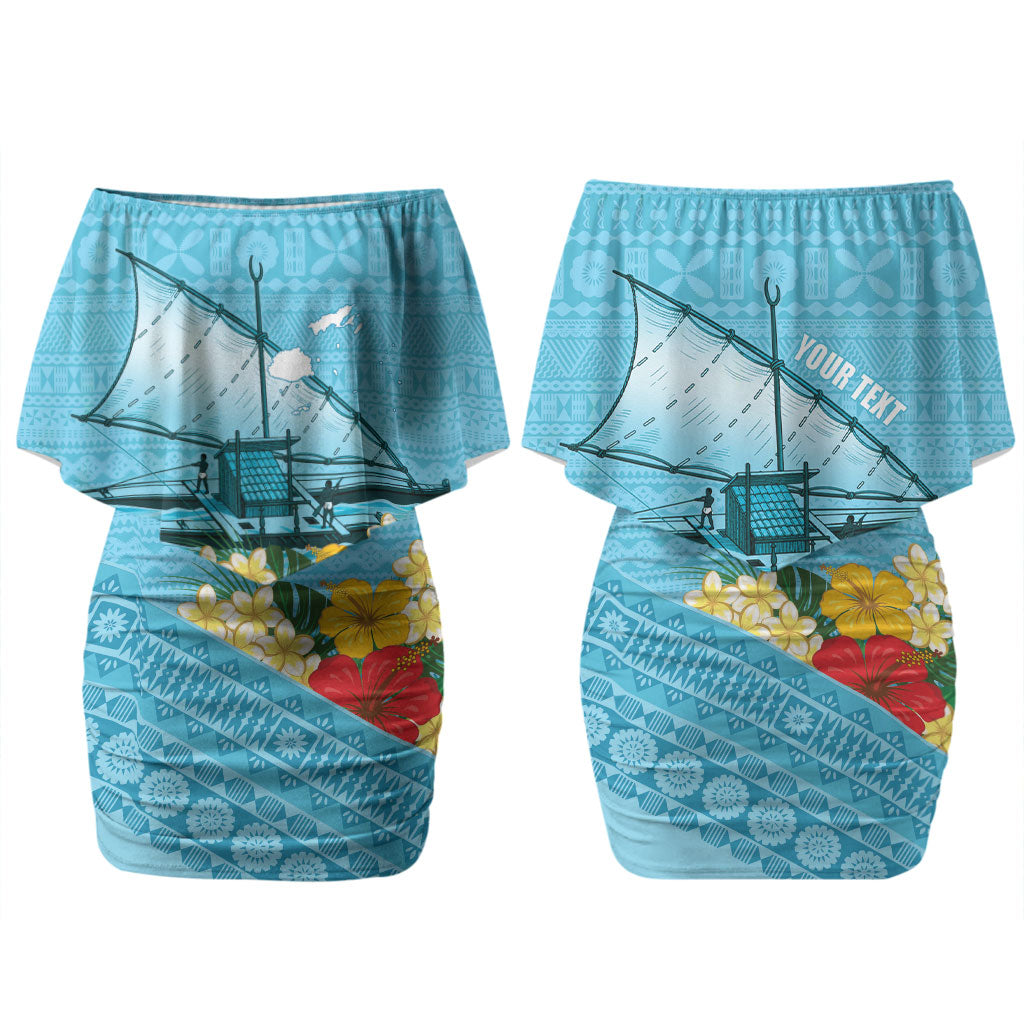 Personalised Bula Vinaka Fiji Drua Couples Matching Off Shoulder Short Dress and Long Sleeve Button Shirt Fijian Traditional Canoe Tapa Cloth Blue LT14 - Polynesian Pride
