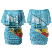 Personalised Bula Vinaka Fiji Drua Couples Matching Off Shoulder Short Dress and Long Sleeve Button Shirt Fijian Traditional Canoe Tapa Cloth Blue LT14 - Polynesian Pride