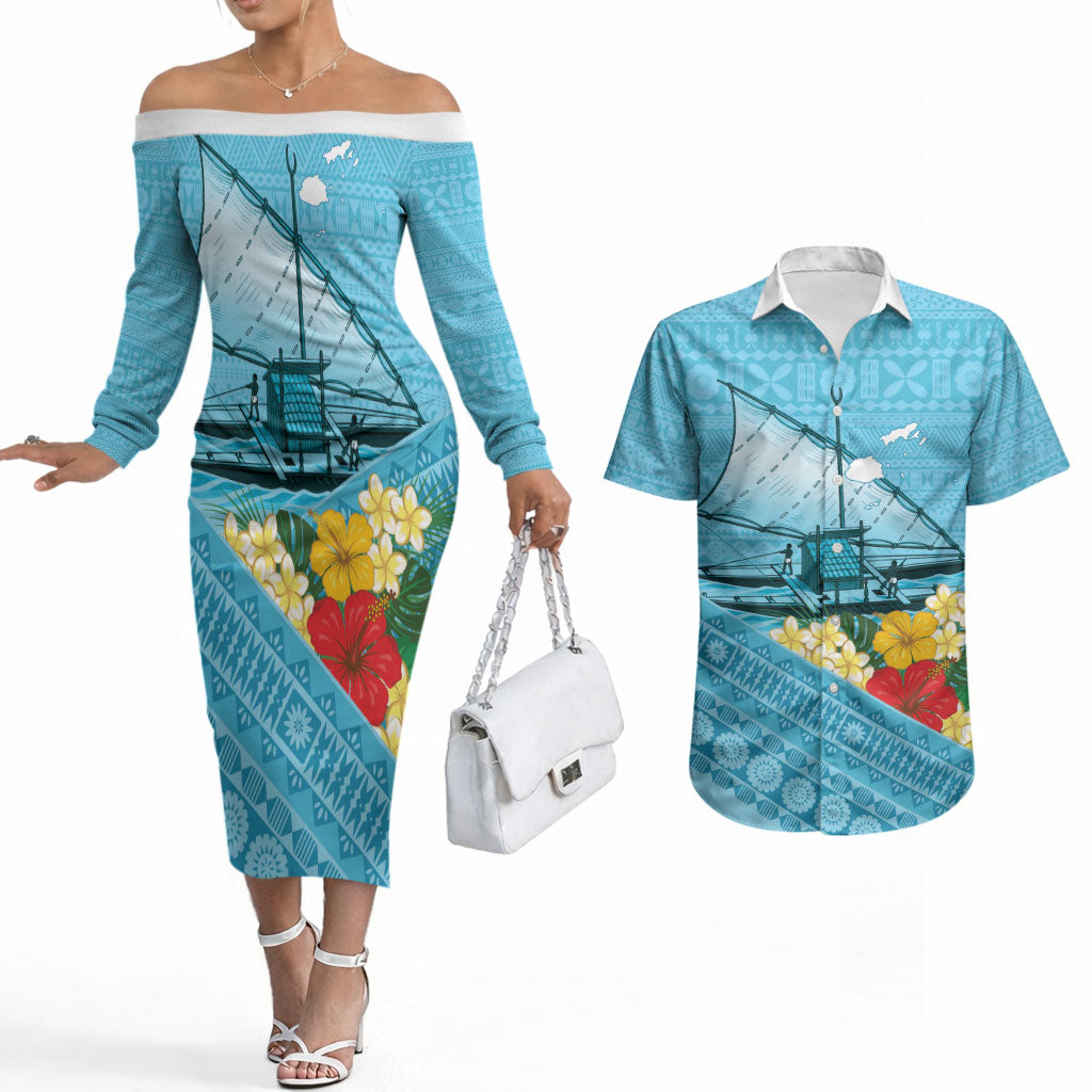 Personalised Bula Vinaka Fiji Drua Couples Matching Off The Shoulder Long Sleeve Dress and Hawaiian Shirt Fijian Traditional Canoe Tapa Cloth Blue LT14 Blue - Polynesian Pride