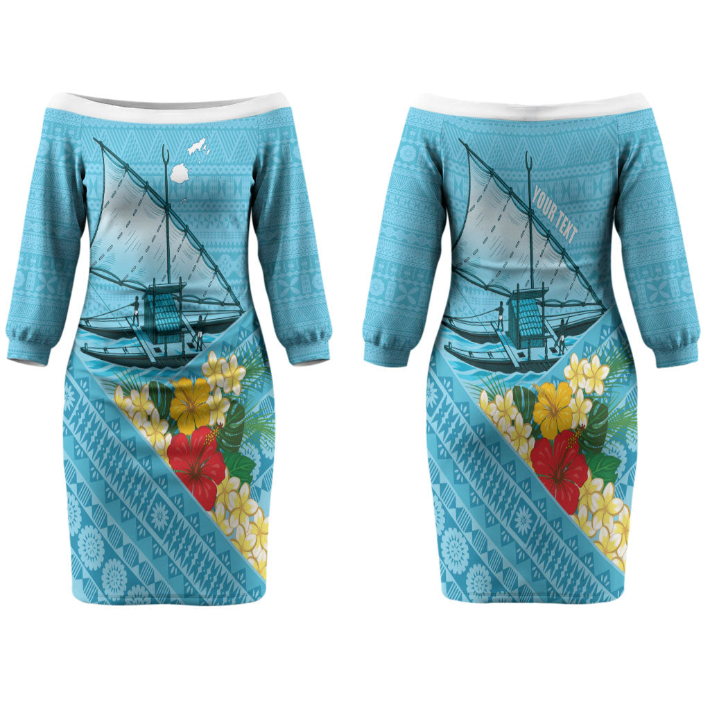 Personalised Bula Vinaka Fiji Drua Couples Matching Off The Shoulder Long Sleeve Dress and Hawaiian Shirt Fijian Traditional Canoe Tapa Cloth Blue LT14 - Polynesian Pride
